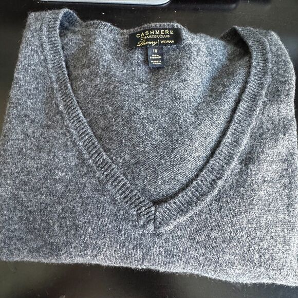 Charter Club Sweater Women 1X Luxury Cashmere V neck Minimalist Grey - Picture 5 of 9